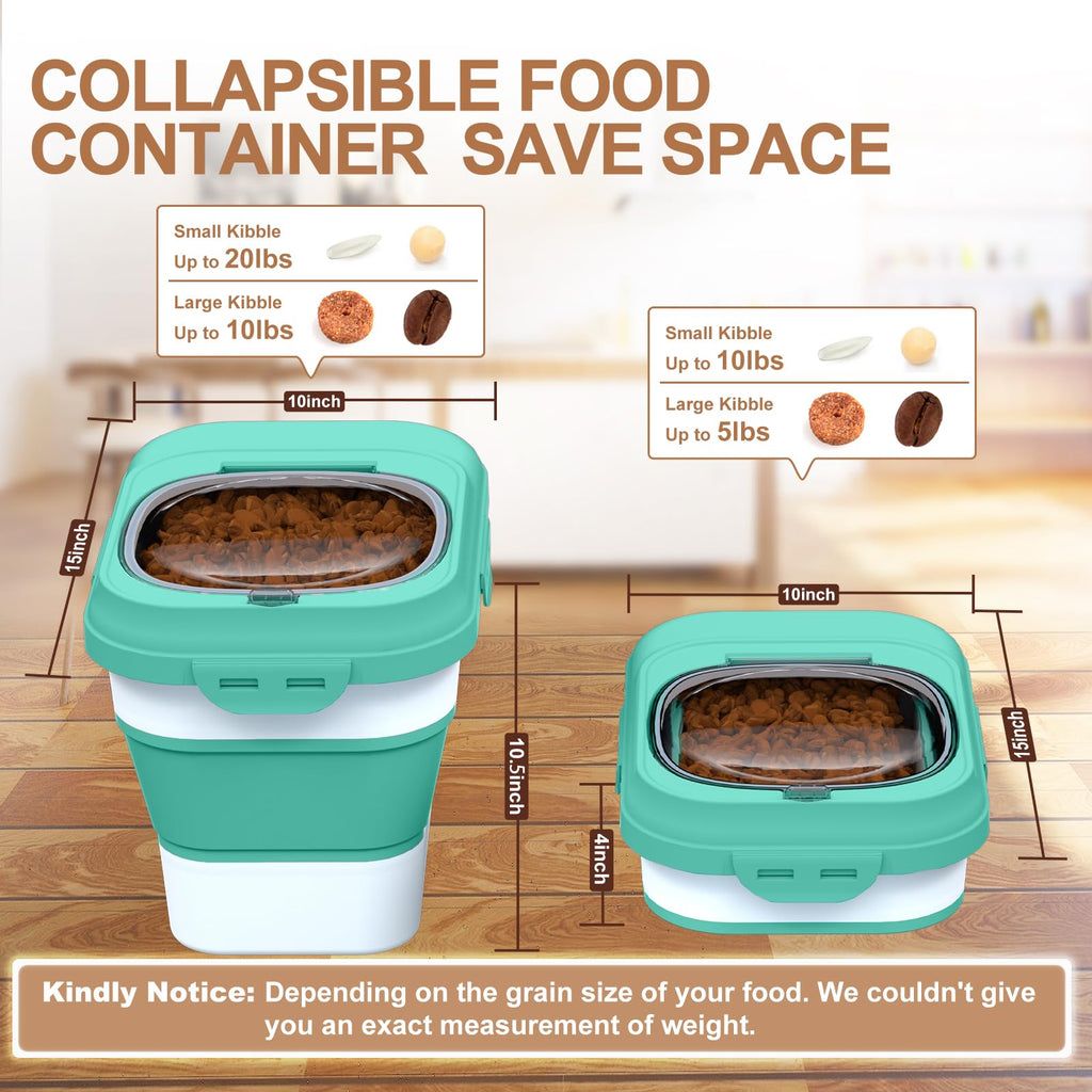 TIOVERY Collapsible Dog Food Storage Container – 10L Airtight Bin with Clear Flip-Top and Scoop (Green)
