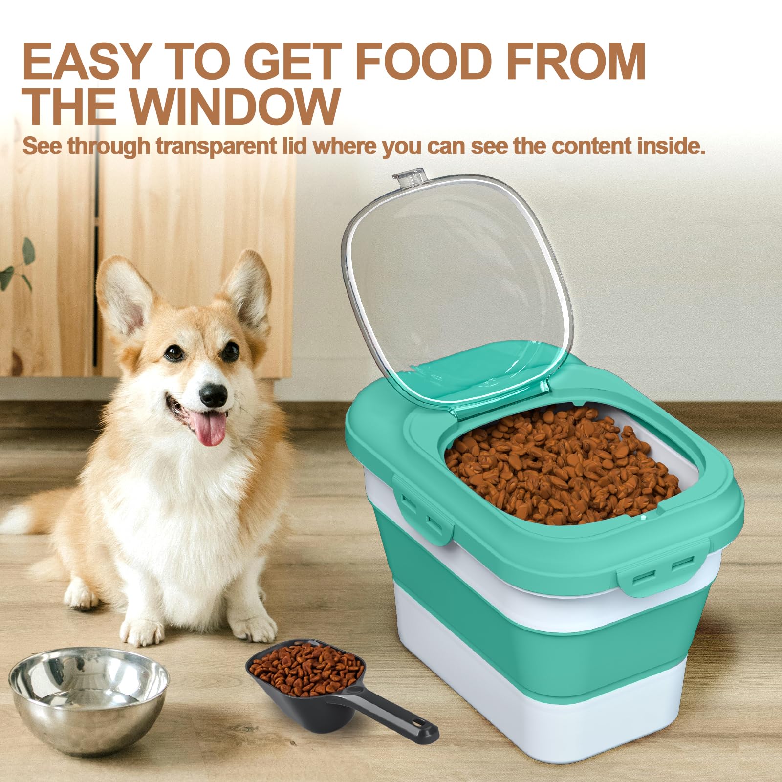 TIOVERY Collapsible Dog Food Storage Container – 10L Airtight Bin with Clear Flip-Top and Scoop (Green)