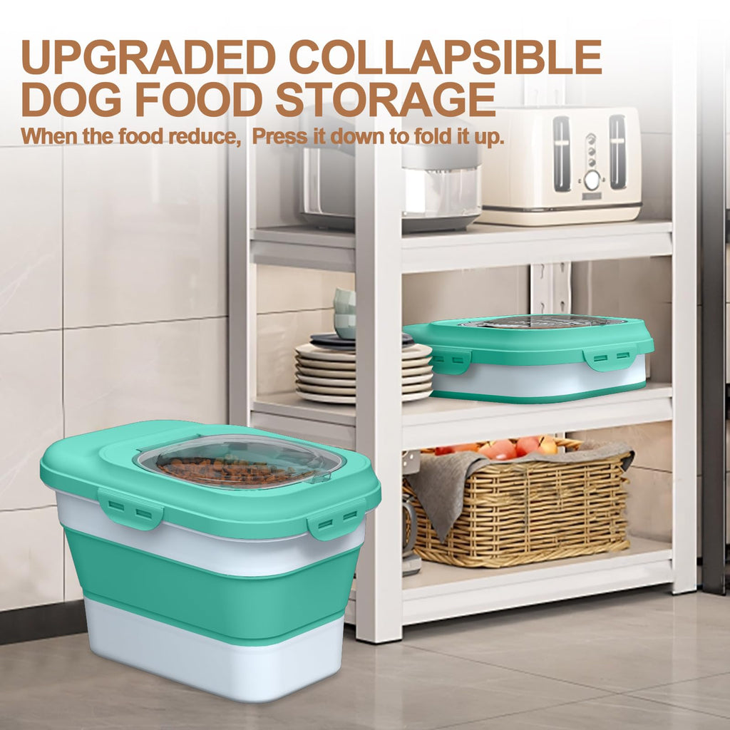 TIOVERY Collapsible Dog Food Storage Container – 10L Airtight Bin with Clear Flip-Top and Scoop (Green)