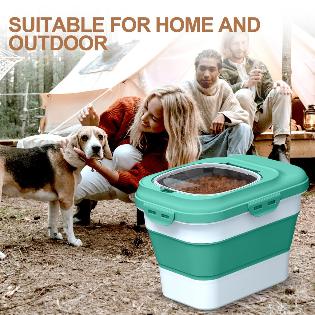 TIOVERY Collapsible Dog Food Storage Container – 10L Airtight Bin with Clear Flip-Top and Scoop (Green)