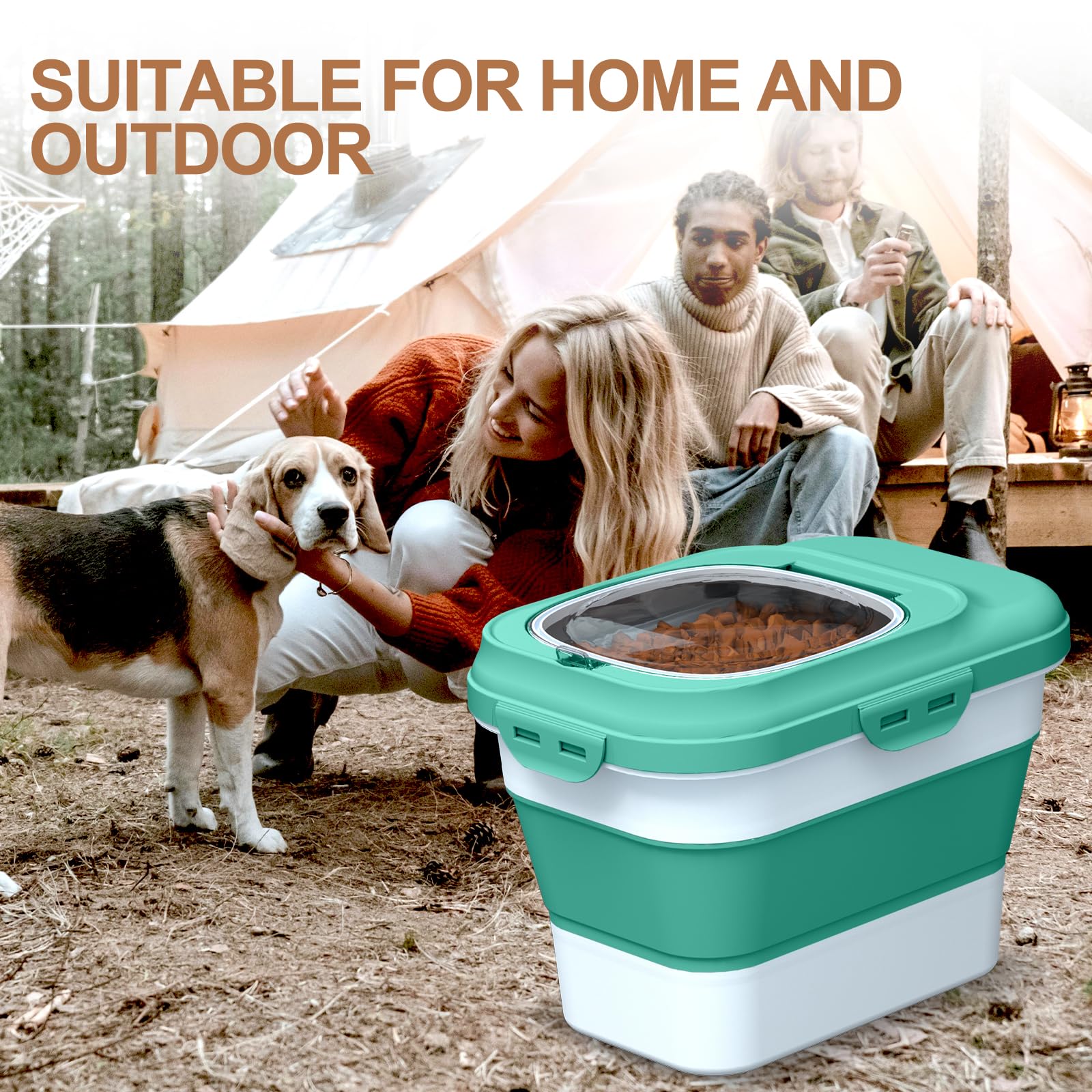 TIOVERY Collapsible Dog Food Storage Container – 10L Airtight Bin with Clear Flip-Top and Scoop (Green)