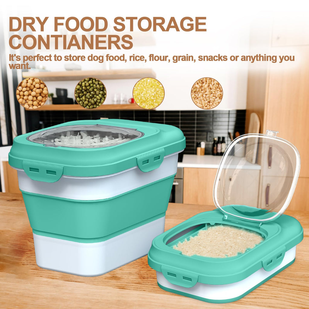 TIOVERY Collapsible Dog Food Storage Container – 10L Airtight Bin with Clear Flip-Top and Scoop (Green)