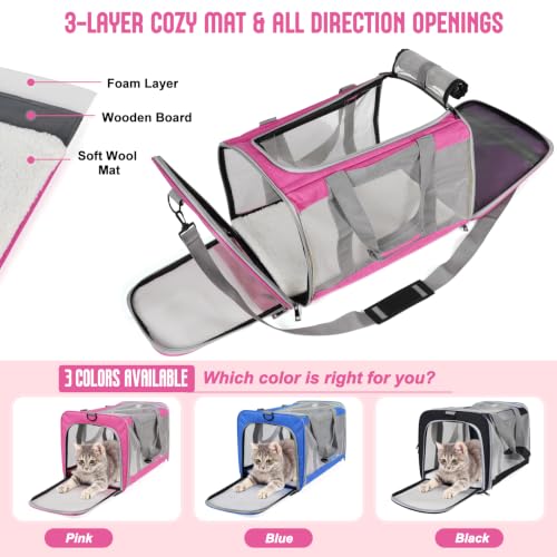 TIYOLAT Soft-Sided Pet Carrier for Large Cats Up to 16 lbs – Collapsible Travel Bag with Mesh Windows, Shoulder Strap, and Washable Mat (Pink)