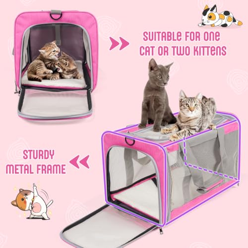 TIYOLAT Soft-Sided Pet Carrier for Large Cats Up to 16 lbs – Collapsible Travel Bag with Mesh Windows, Shoulder Strap, and Washable Mat (Pink)