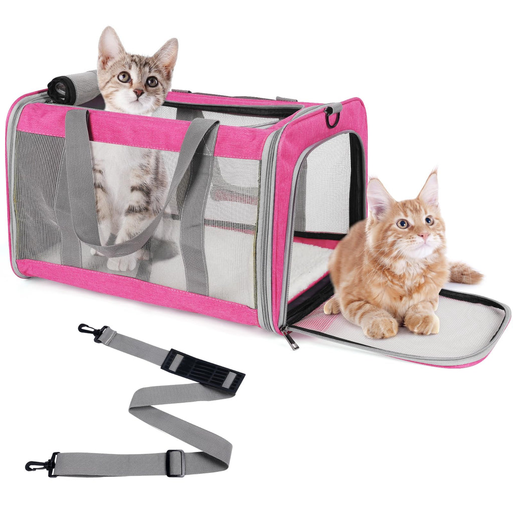 TIYOLAT Soft-Sided Pet Carrier for Large Cats Up to 16 lbs – Collapsible Travel Bag with Mesh Windows, Shoulder Strap, and Washable Mat (Pink)