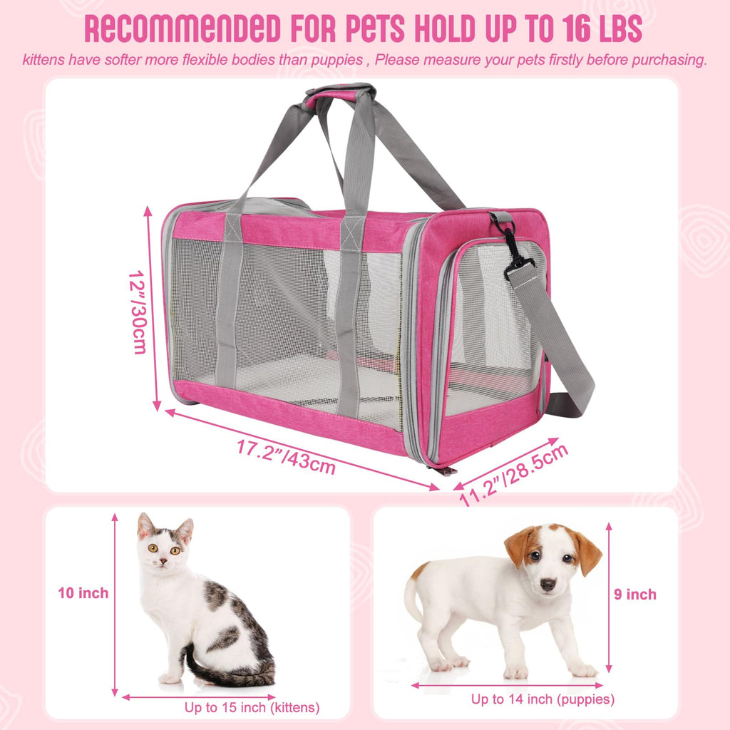 TIYOLAT Soft-Sided Pet Carrier for Large Cats Up to 16 lbs – Collapsible Travel Bag with Mesh Windows, Shoulder Strap, and Washable Mat (Pink)