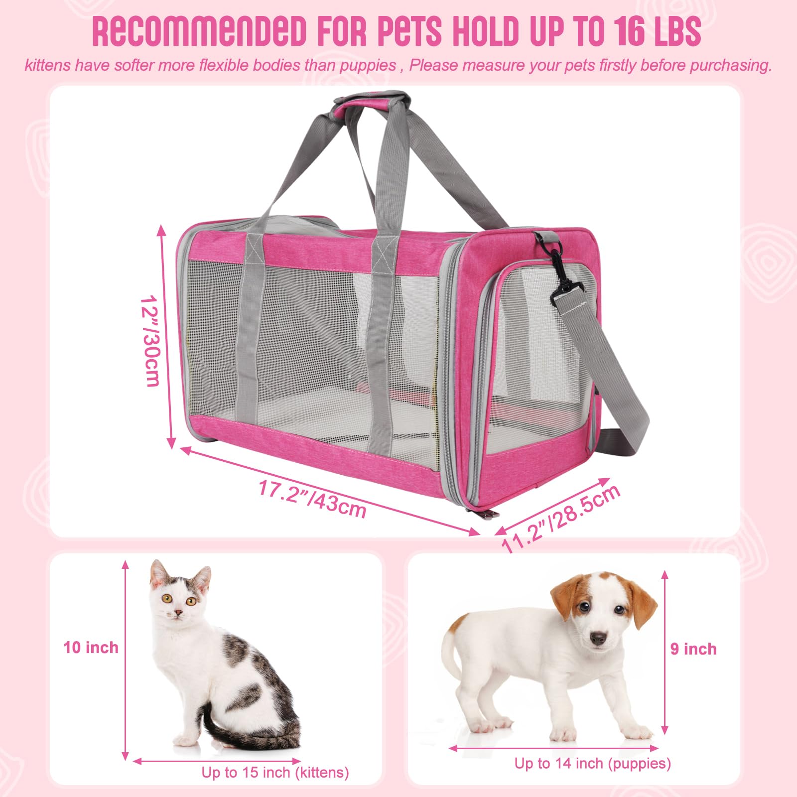 TIYOLAT Soft-Sided Pet Carrier for Large Cats Up to 16 lbs – Collapsible Travel Bag with Mesh Windows, Shoulder Strap, and Washable Mat (Pink)