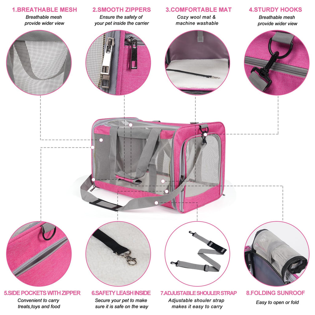 TIYOLAT Soft-Sided Pet Carrier for Large Cats Up to 16 lbs – Collapsible Travel Bag with Mesh Windows, Shoulder Strap, and Washable Mat (Pink)