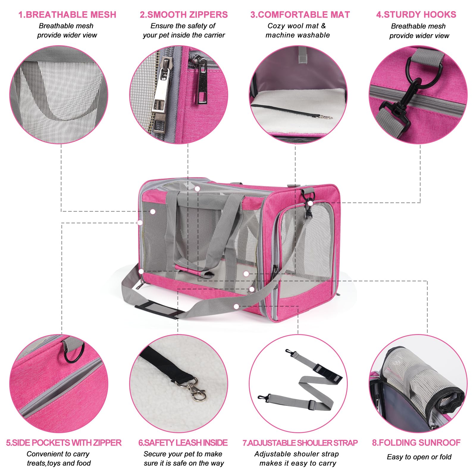 TIYOLAT Soft-Sided Pet Carrier for Large Cats Up to 16 lbs – Collapsible Travel Bag with Mesh Windows, Shoulder Strap, and Washable Mat (Pink)