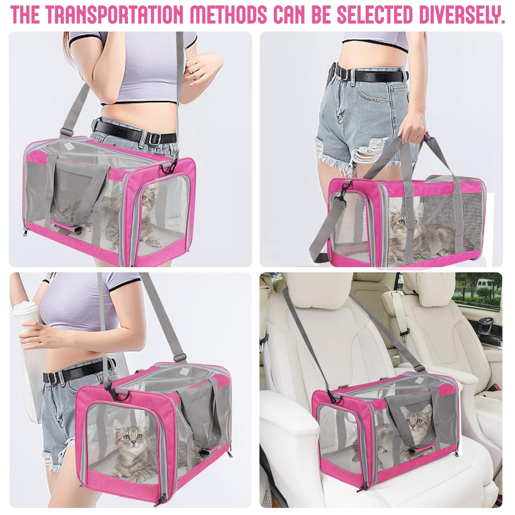 TIYOLAT Soft-Sided Pet Carrier for Large Cats Up to 16 lbs – Collapsible Travel Bag with Mesh Windows, Shoulder Strap, and Washable Mat (Pink)
