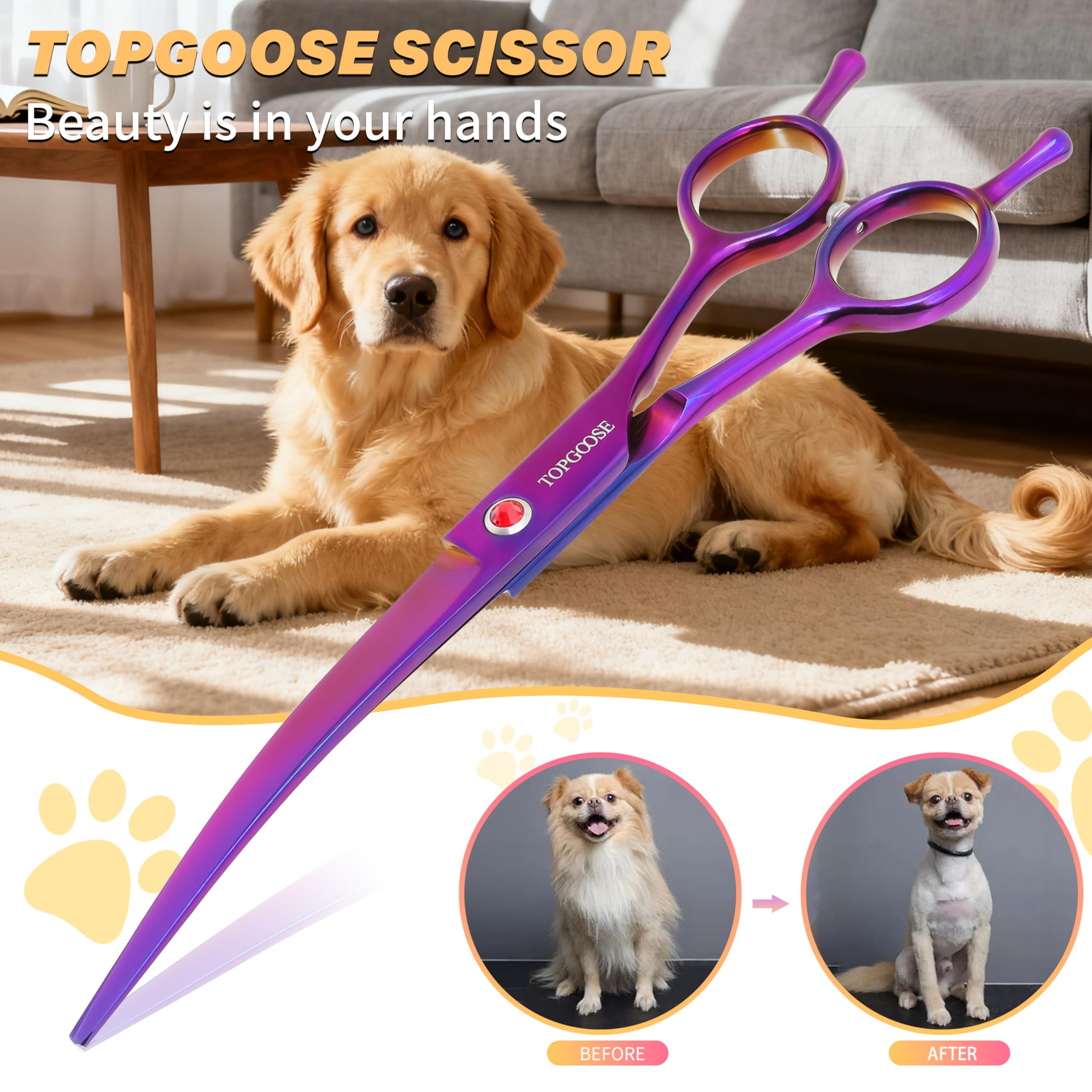 TOPGOOSE 7.5-Inch Down-Curved Pet Grooming Scissors – Japanese 440C Stainless Steel, Purple