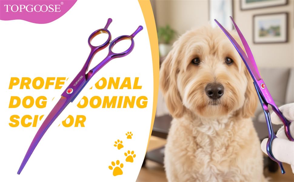 TOPGOOSE 7.5-Inch Down-Curved Pet Grooming Scissors – Japanese 440C Stainless Steel, Purple