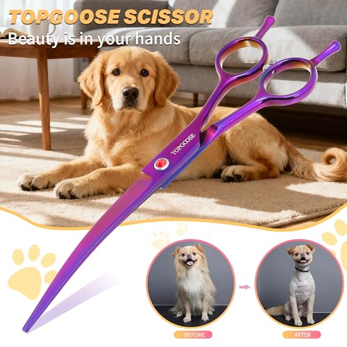 TOPGOOSE 7.5-Inch Down-Curved Pet Grooming Scissors – Japanese 440C Stainless Steel, Purple