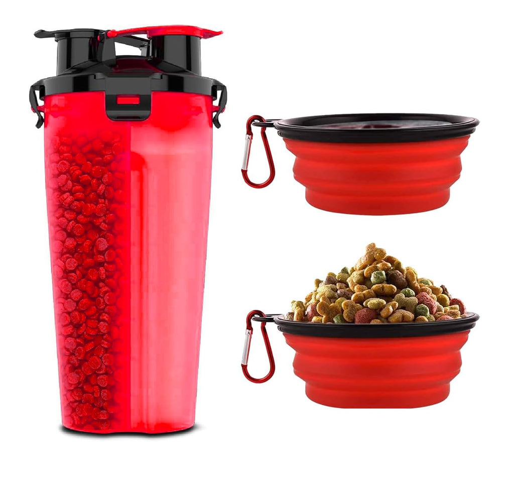 Traveling Tots Dog Travel Water Bottle with Collapsible Bowls – 2-in-1 Leakproof Portable Food and Water Container for Walks, Hiking & Camping (Red)
