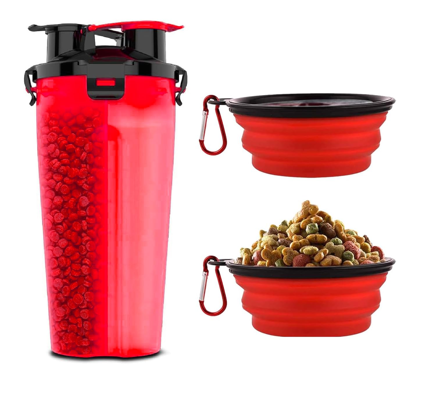 Traveling Tots Dog Travel Water Bottle with Collapsible Bowls – 2-in-1 Leakproof Portable Food and Water Container for Walks, Hiking & Camping (Red)