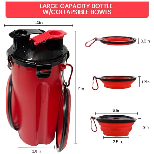 Traveling Tots Dog Travel Water Bottle with Collapsible Bowls – 2-in-1 Leakproof Portable Food and Water Container for Walks, Hiking & Camping (Red)