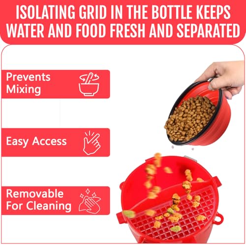 Traveling Tots Dog Travel Water Bottle with Collapsible Bowls – 2-in-1 Leakproof Portable Food and Water Container for Walks, Hiking & Camping (Red)