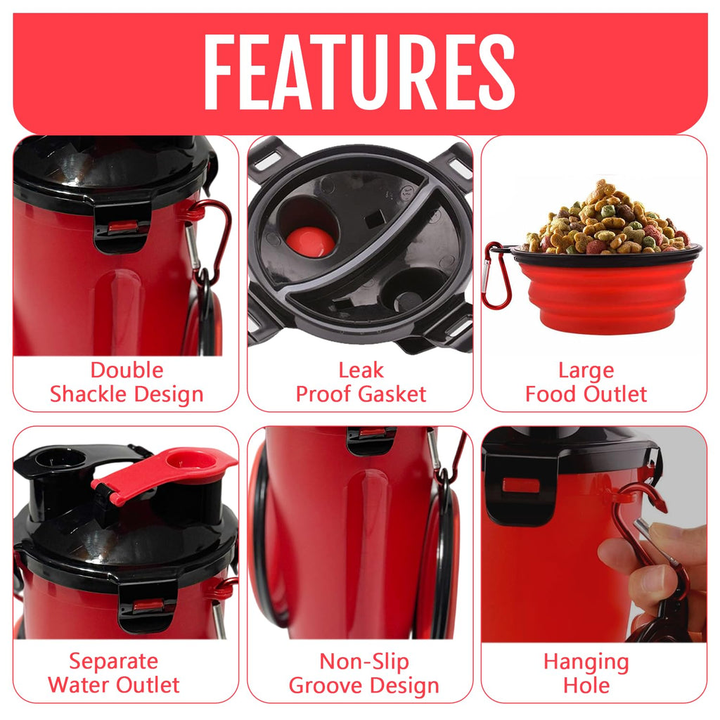 Traveling Tots Dog Travel Water Bottle with Collapsible Bowls – 2-in-1 Leakproof Portable Food and Water Container for Walks, Hiking & Camping (Red)