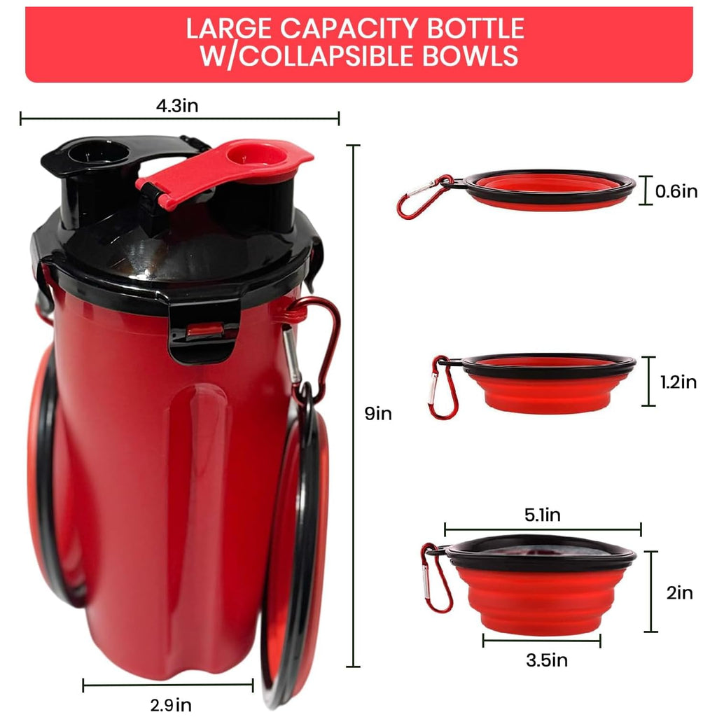 Traveling Tots Dog Travel Water Bottle with Collapsible Bowls – 2-in-1 Leakproof Portable Food and Water Container for Walks, Hiking & Camping (Red)