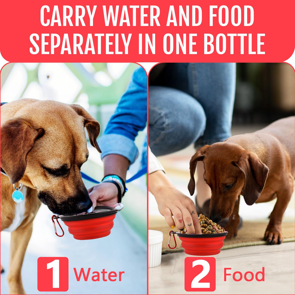 Traveling Tots Dog Travel Water Bottle with Collapsible Bowls – 2-in-1 Leakproof Portable Food and Water Container for Walks, Hiking & Camping (Red)