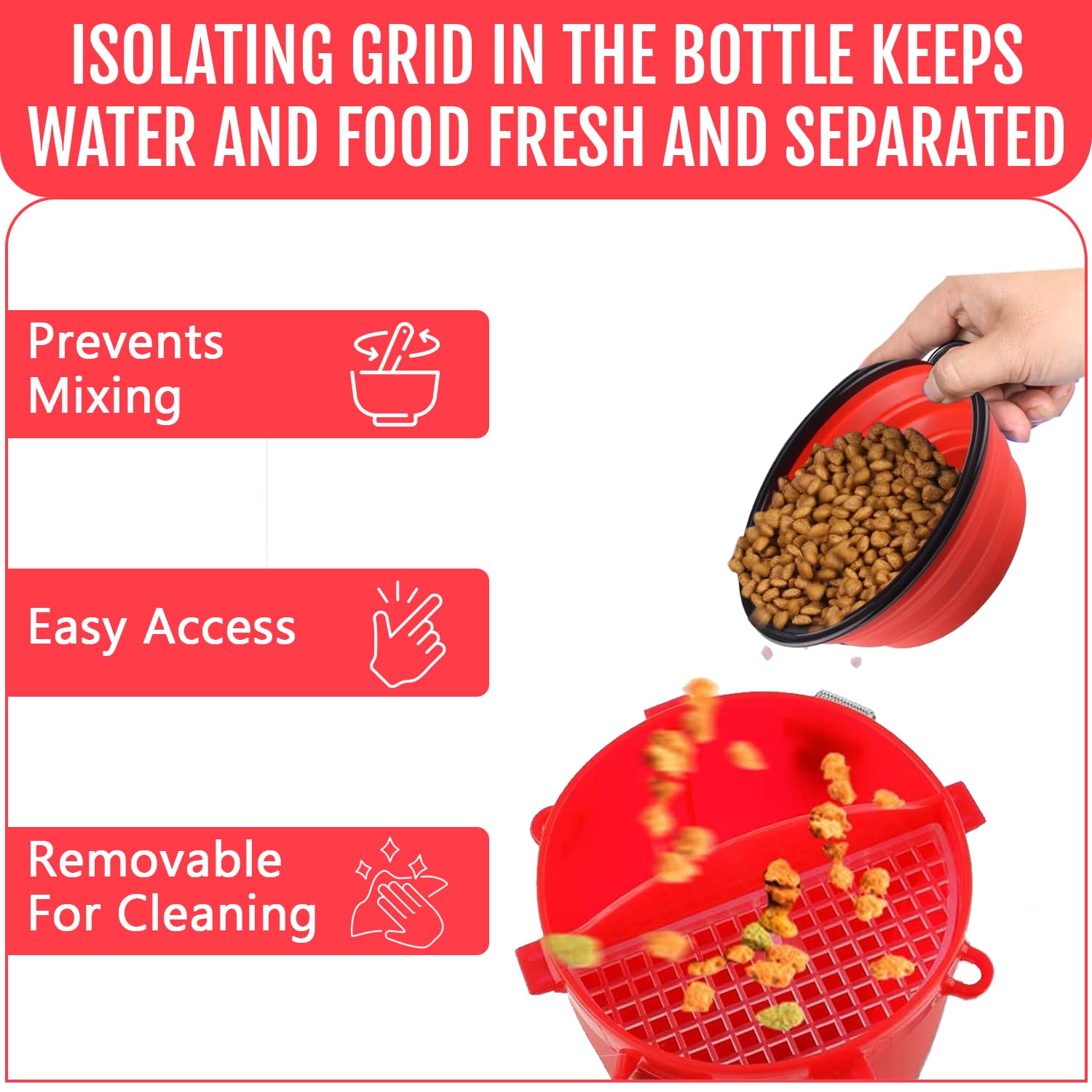 Traveling Tots Dog Travel Water Bottle with Collapsible Bowls – 2-in-1 Leakproof Portable Food and Water Container for Walks, Hiking & Camping (Red)