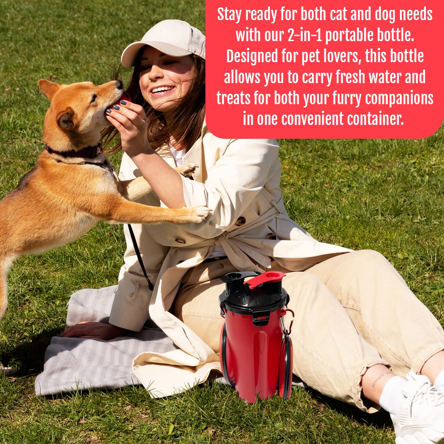 Traveling Tots Dog Travel Water Bottle with Collapsible Bowls – 2-in-1 Leakproof Portable Food and Water Container for Walks, Hiking & Camping (Red)