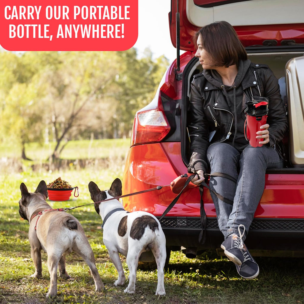 Traveling Tots Dog Travel Water Bottle with Collapsible Bowls – 2-in-1 Leakproof Portable Food and Water Container for Walks, Hiking & Camping (Red)