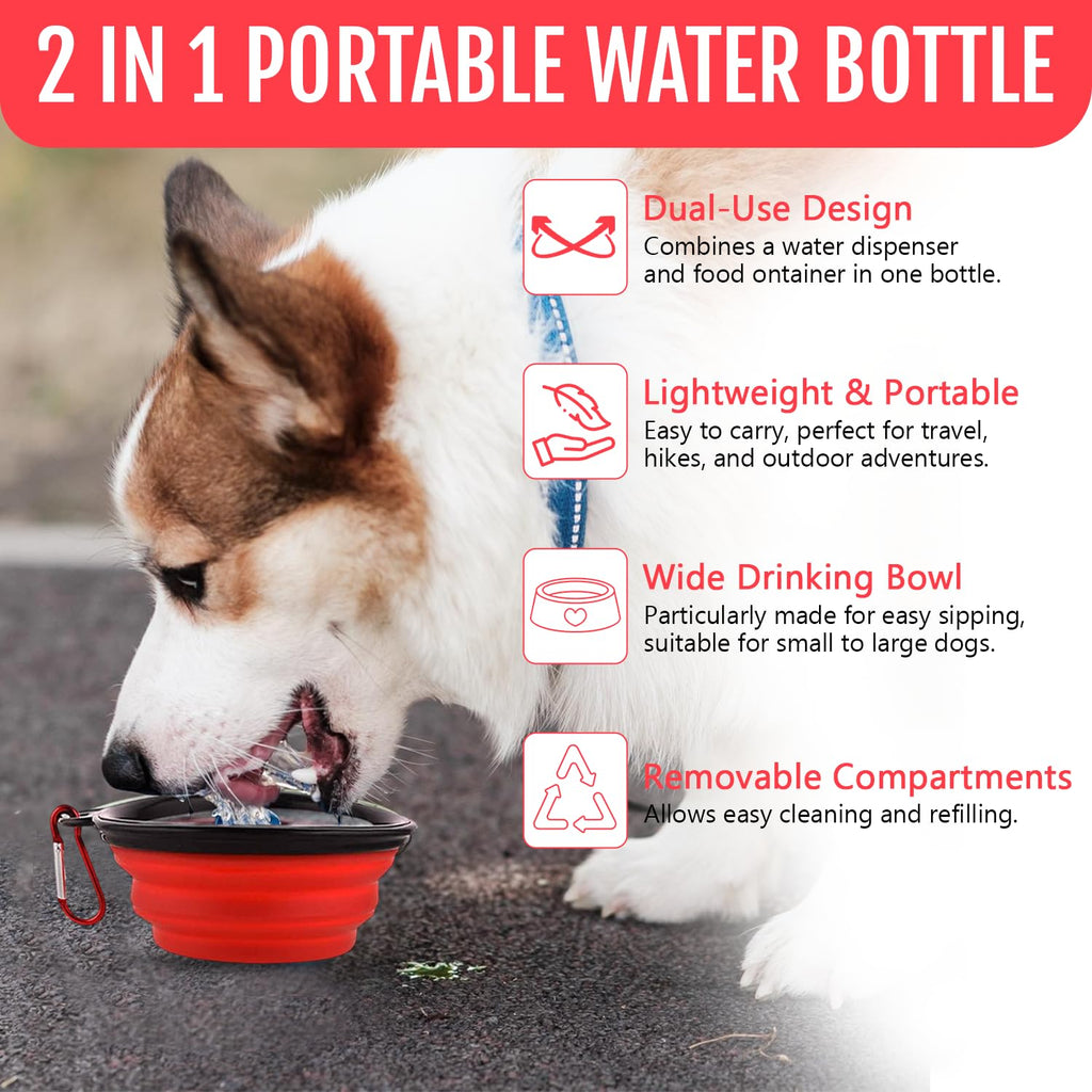 Traveling Tots Dog Travel Water Bottle with Collapsible Bowls – 2-in-1 Leakproof Portable Food and Water Container for Walks, Hiking & Camping (Red)