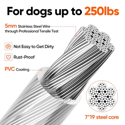 Tresbro 20FT Reflective Tie-Out Cable for Dogs Up to 250 lbs – Heavy-Duty Steel Wire Lead with Stainless Steel Buckles