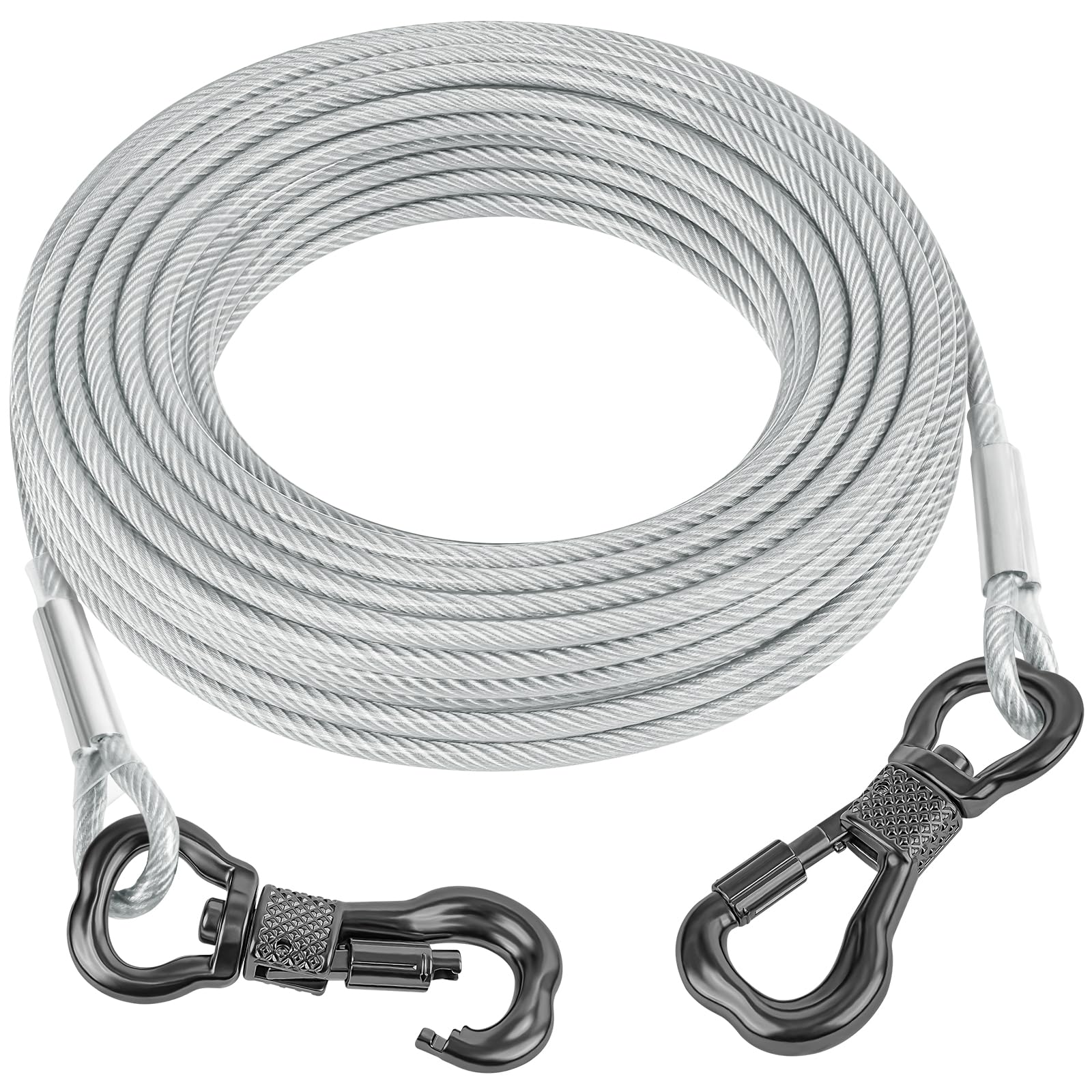 Tresbro 20FT Reflective Tie-Out Cable for Dogs Up to 250 lbs – Heavy-Duty Steel Wire Lead with Stainless Steel Buckles