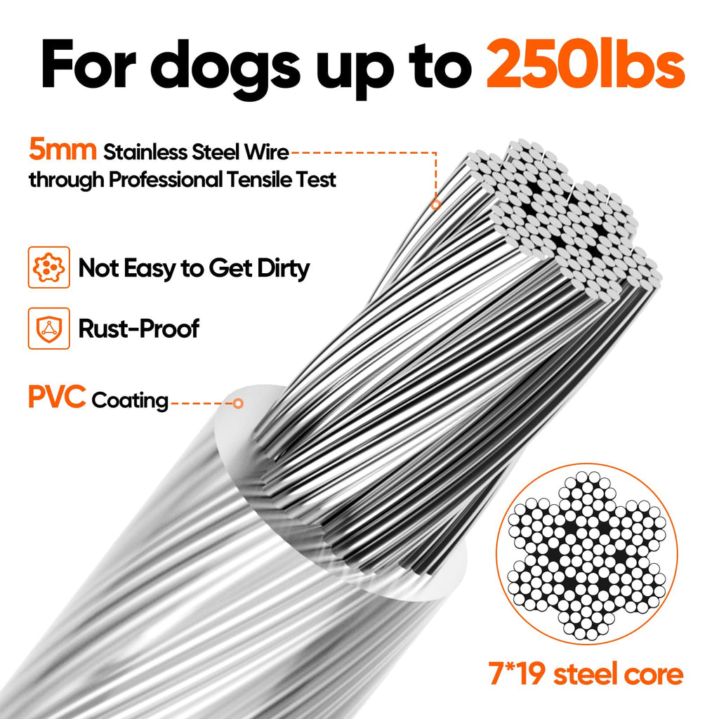 Tresbro 20FT Reflective Tie-Out Cable for Dogs Up to 250 lbs – Heavy-Duty Steel Wire Lead with Stainless Steel Buckles