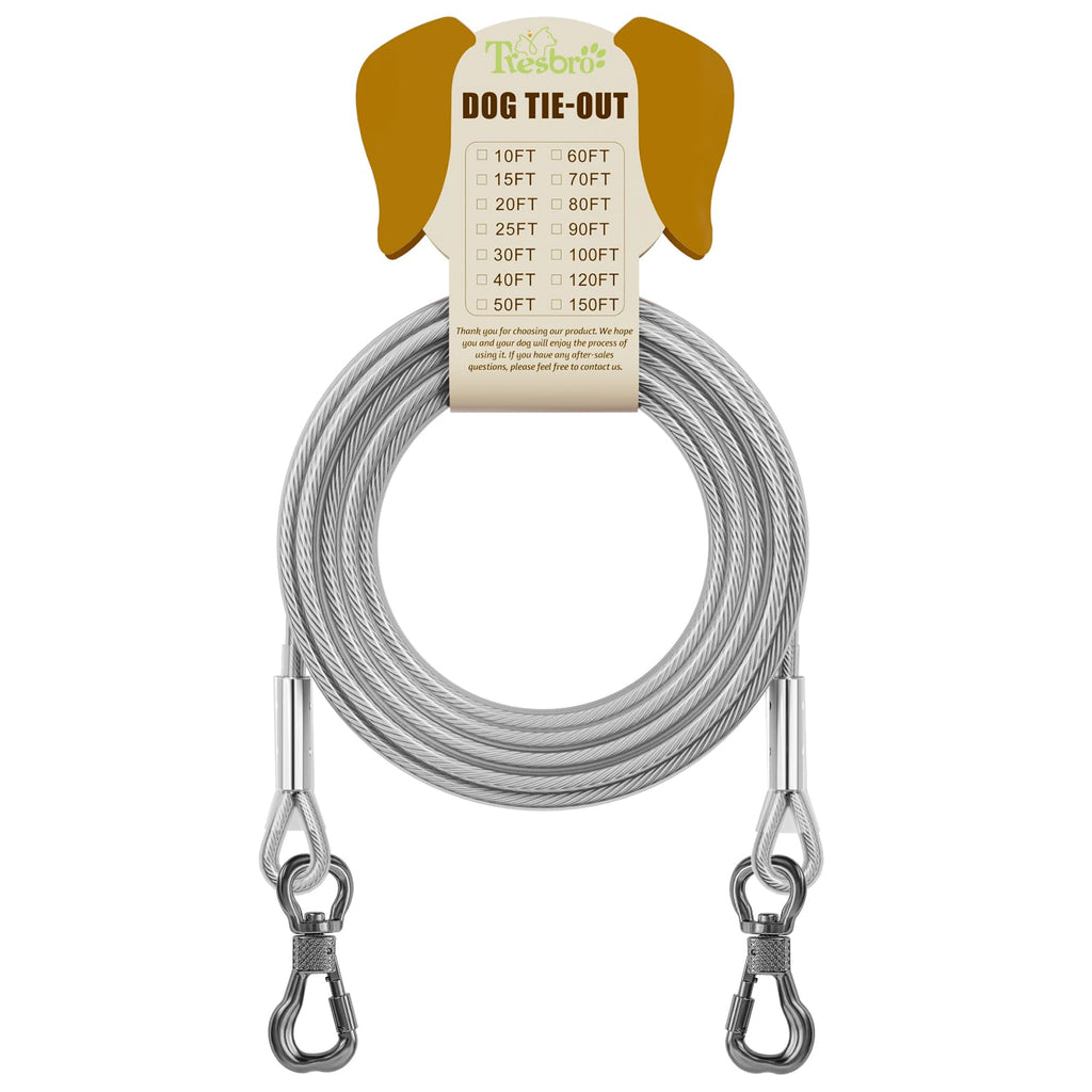 Tresbro 20FT Reflective Tie-Out Cable for Dogs Up to 250 lbs – Heavy-Duty Steel Wire Lead with Stainless Steel Buckles