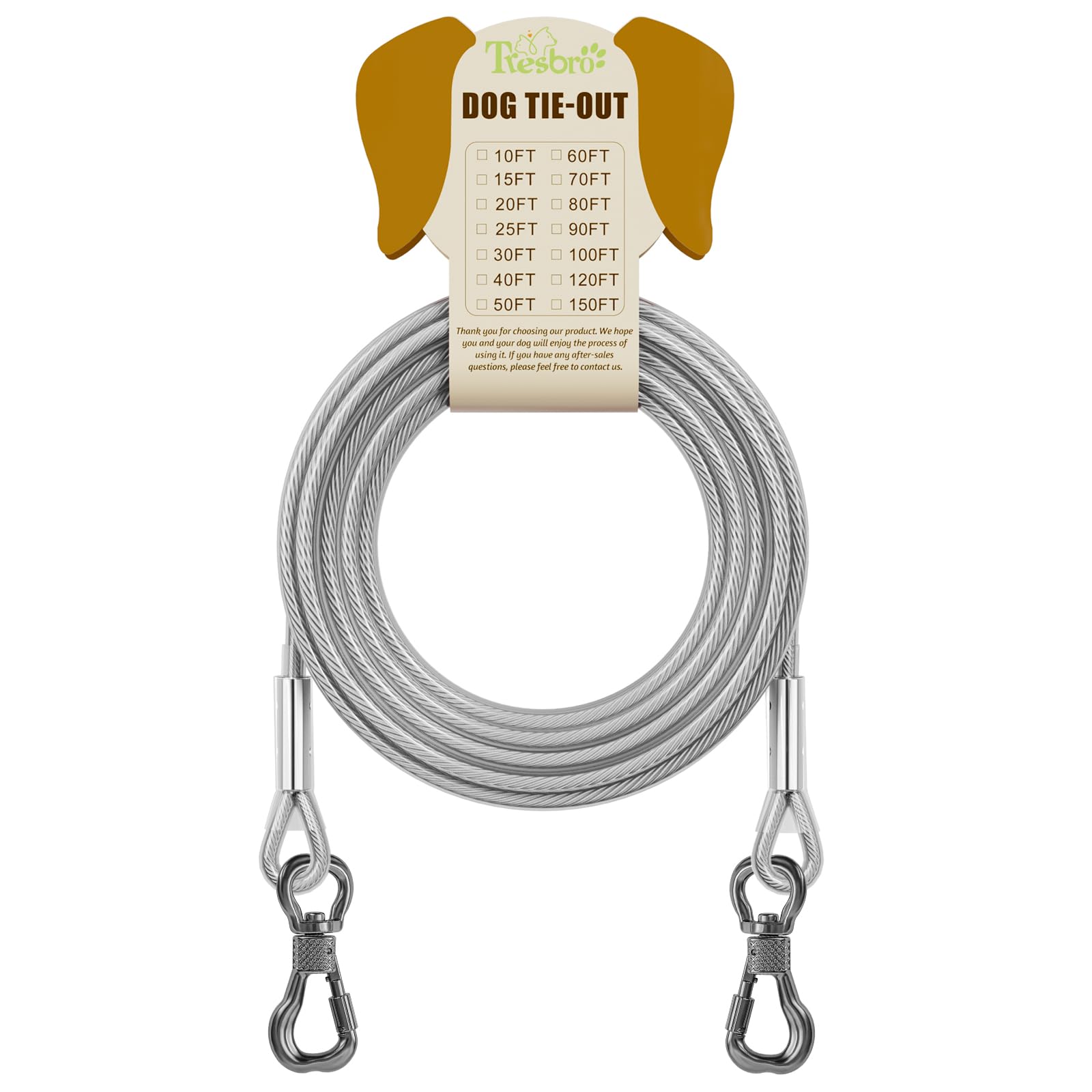 Tresbro 20FT Reflective Tie-Out Cable for Dogs Up to 250 lbs – Heavy-Duty Steel Wire Lead with Stainless Steel Buckles