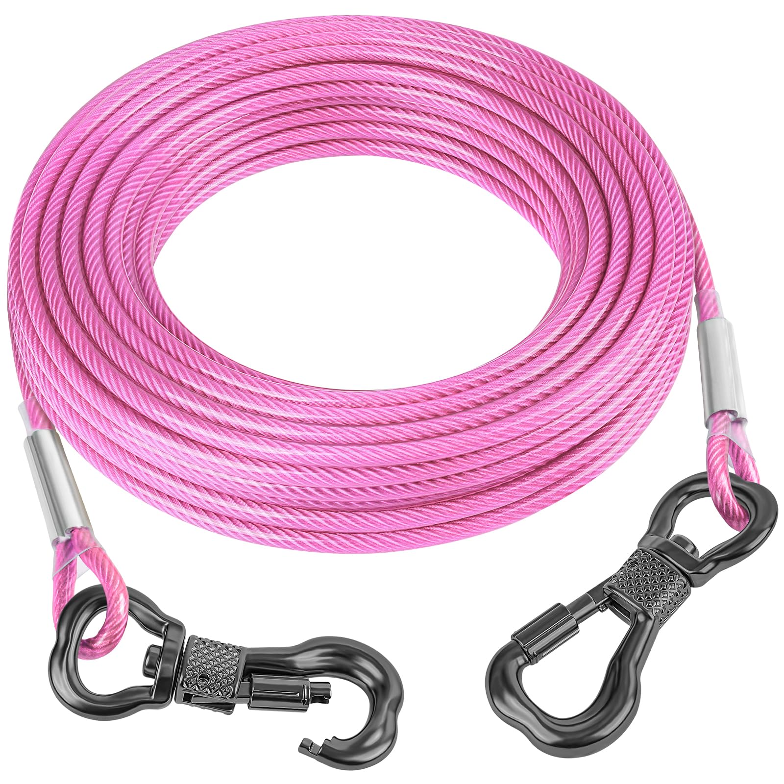 Tresbro 20FT Reflective Tie Out Cable for Dogs Up to 250 lbs – Pink Steel Wire Leash with Stainless Steel Buckles