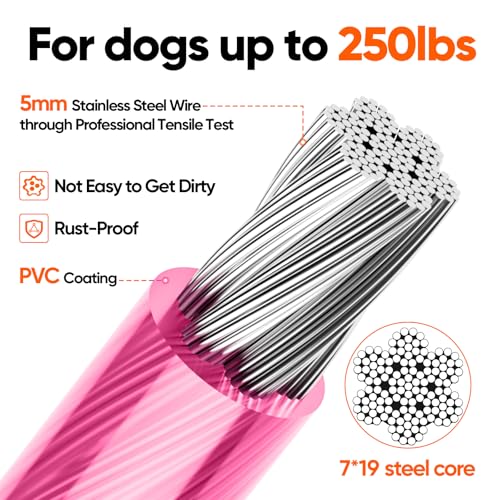 Tresbro 20FT Reflective Tie Out Cable for Dogs Up to 250 lbs – Pink Steel Wire Leash with Stainless Steel Buckles