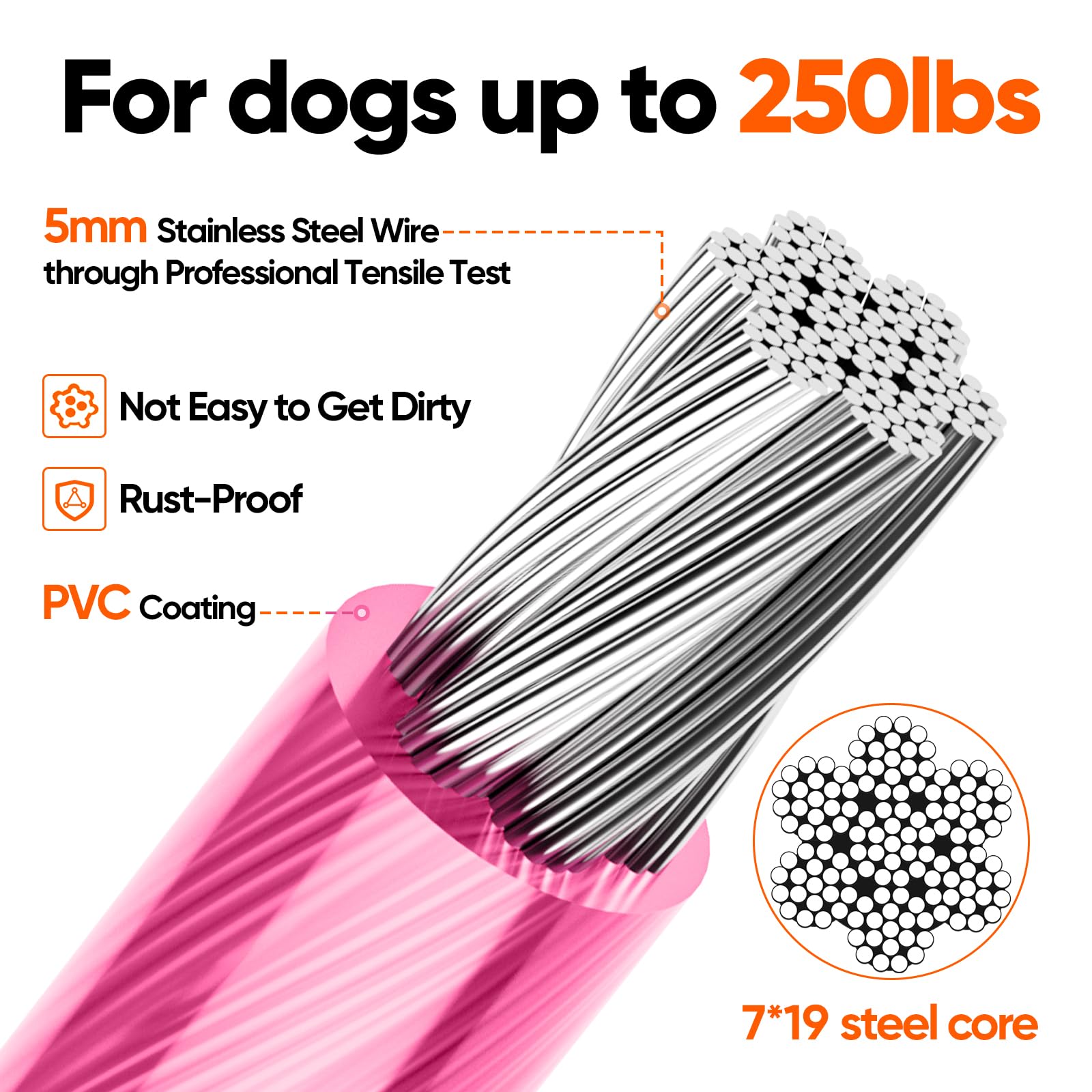 Tresbro 20FT Reflective Tie Out Cable for Dogs Up to 250 lbs – Pink Steel Wire Leash with Stainless Steel Buckles