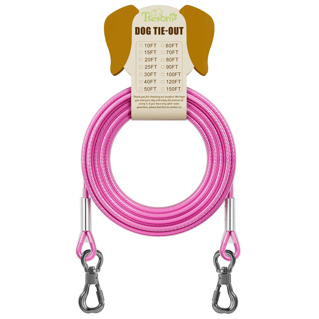 Tresbro 20FT Reflective Tie Out Cable for Dogs Up to 250 lbs – Pink Steel Wire Leash with Stainless Steel Buckles