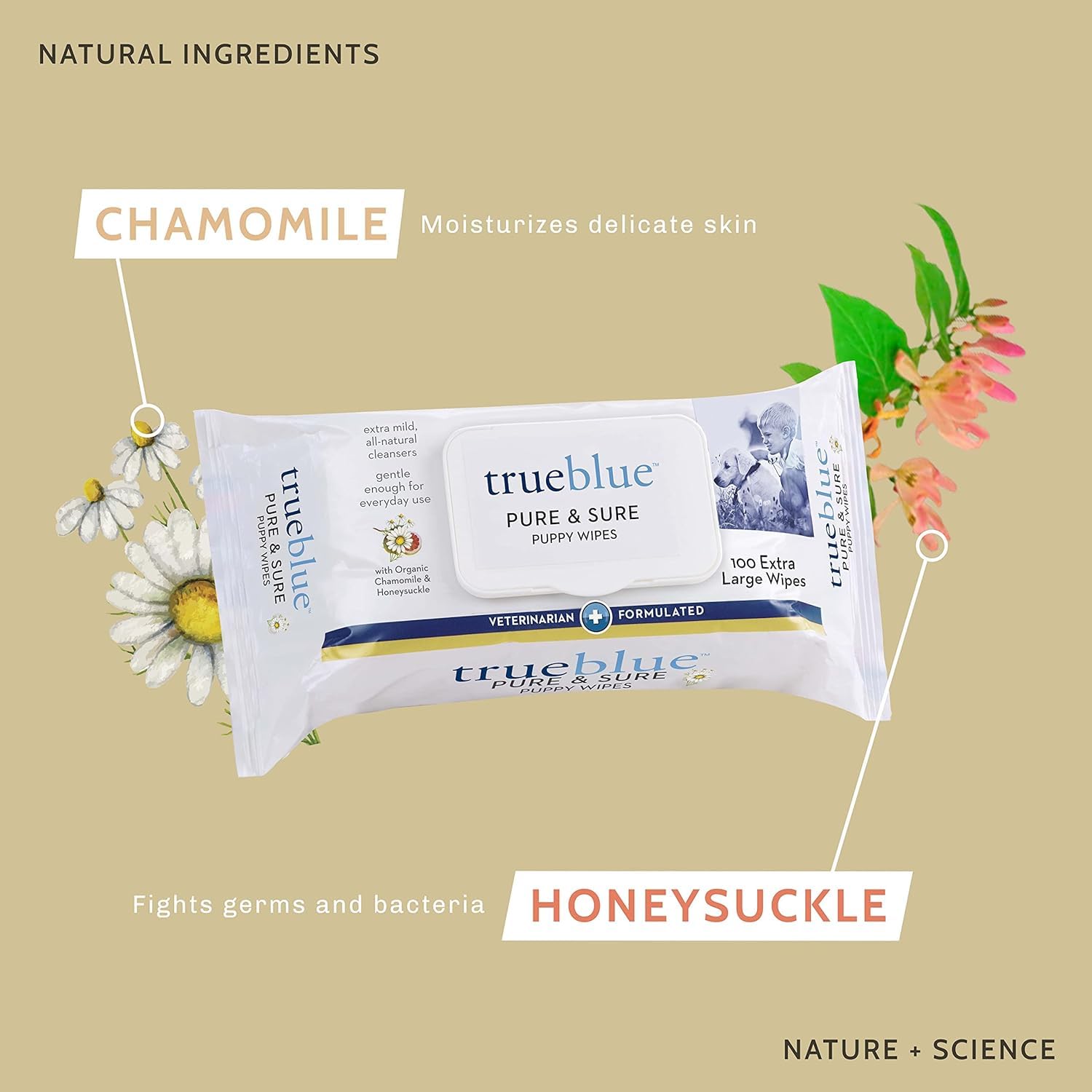 TrueBlue Chamomile & Honeysuckle Puppy Wipes – Pre-Moistened, Extra Large, 100 Count, Made in USA