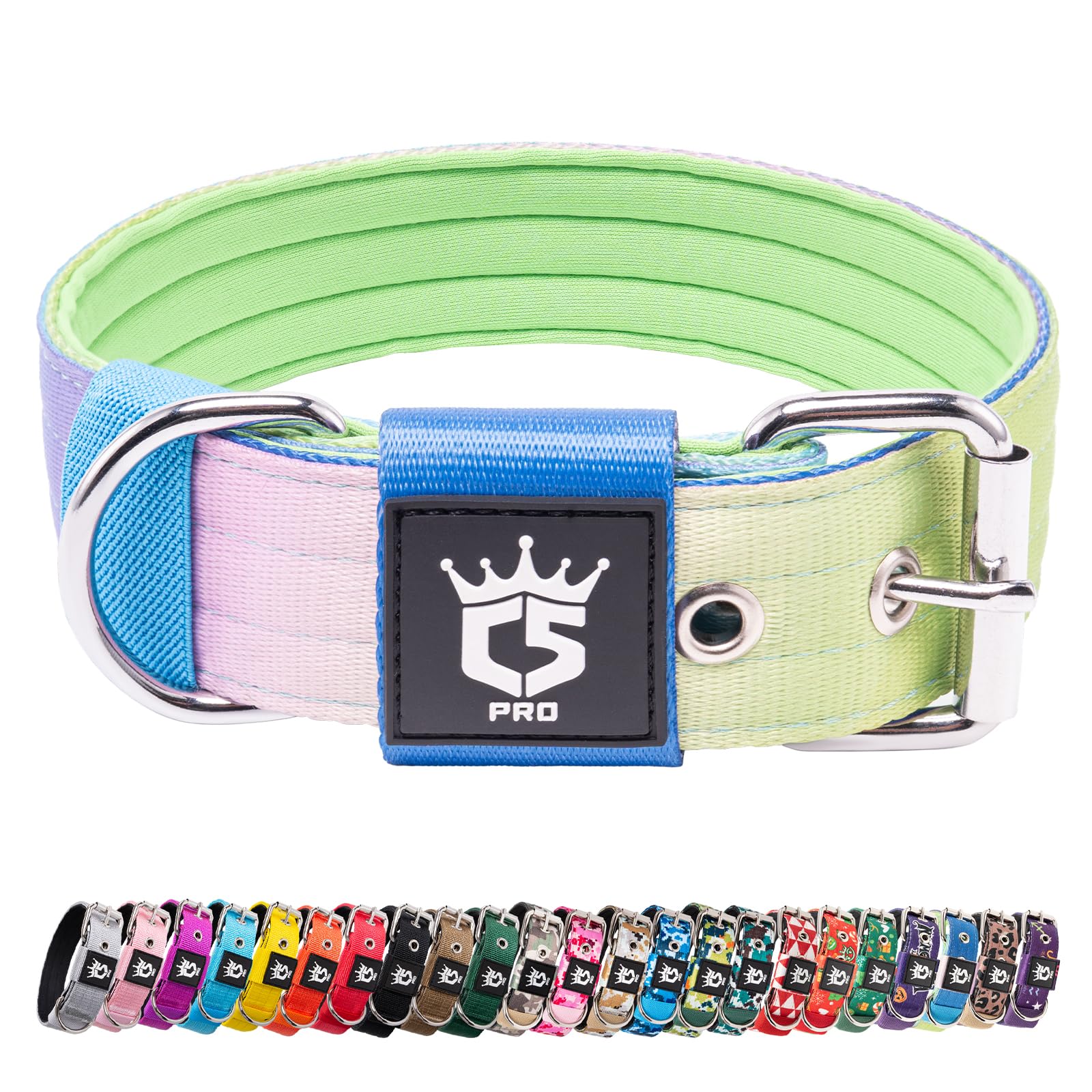TSPRO Tactical Dog Collar 1.5 Inch - Heavy Duty Metal Buckle, Padded, Adjustable for Medium Large Dogs, Rainbow M