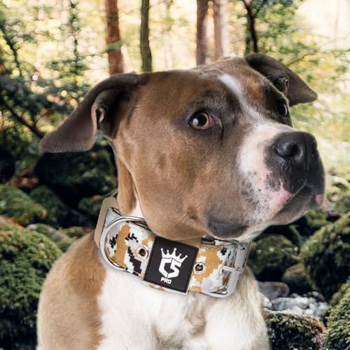 TSPRO Tactical Dog Collar 1.5 Inch Wide - Heavy Duty Padded Collar for Large Dogs, Camo Khaki