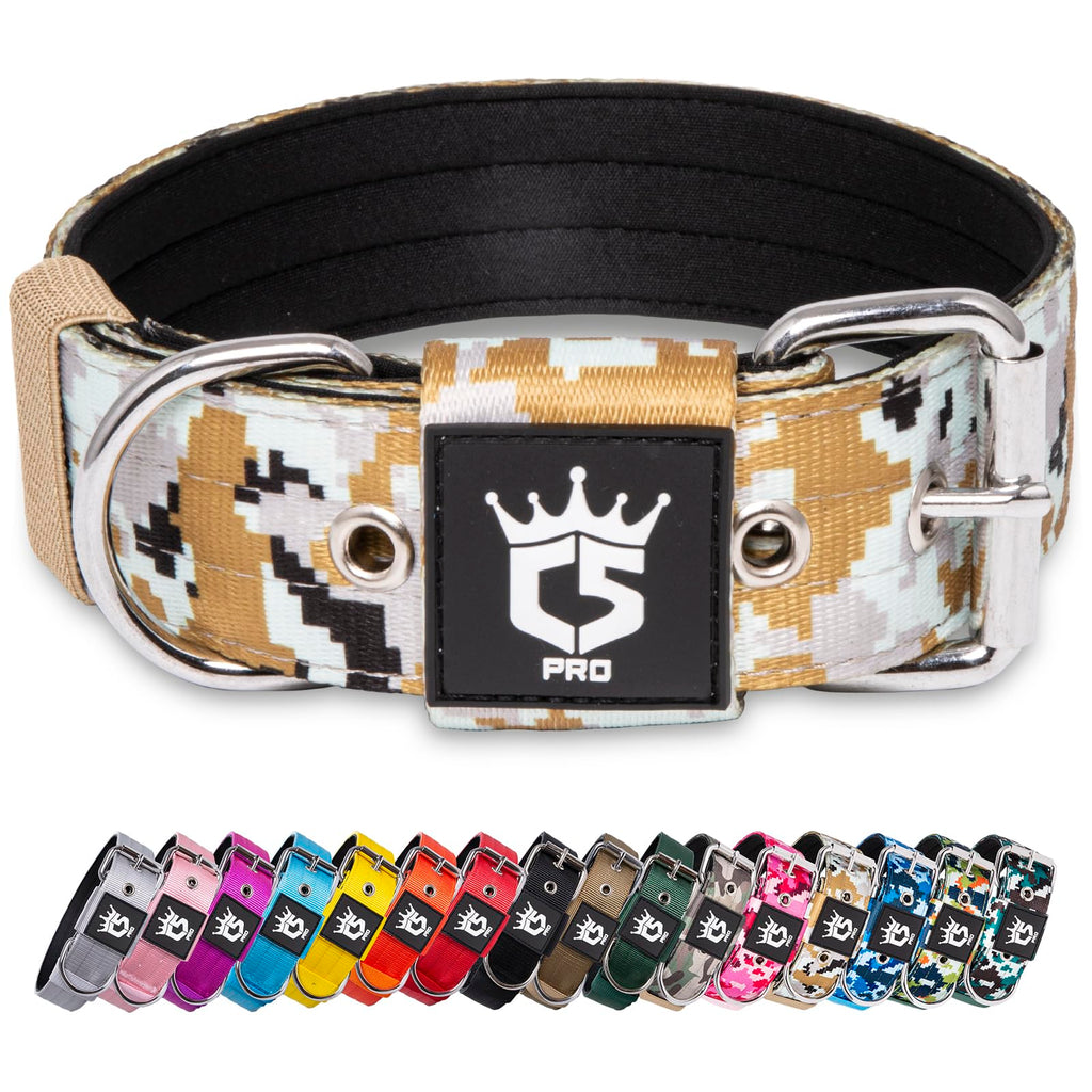 TSPRO Tactical Dog Collar 1.5 Inch Wide - Heavy Duty Padded Collar for Large Dogs, Camo Khaki
