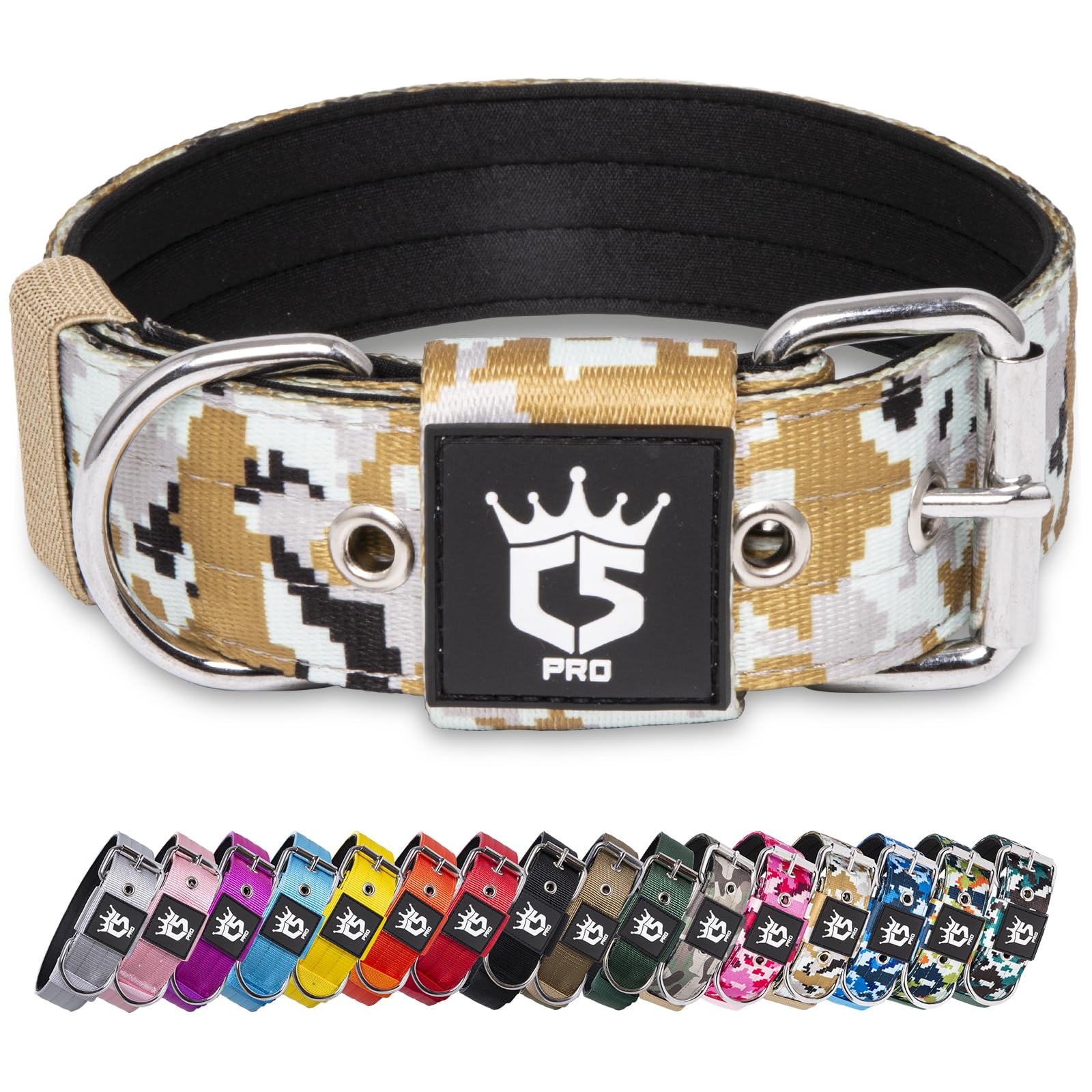 TSPRO Tactical Dog Collar 1.5 Inch Wide - Heavy Duty Padded Collar for Large Dogs, Camo Khaki