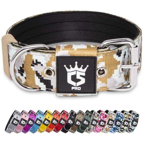 TSPRO Tactical Dog Collar 1.5 Inch Wide - Heavy Duty Padded Collar for Large Dogs, Camo Khaki