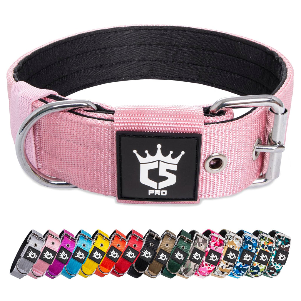 TSPRO Tactical Dog Collar 1.5" Wide Heavy Duty Nylon with Metal Buckle - Pink Size L for Medium to Large Dogs
