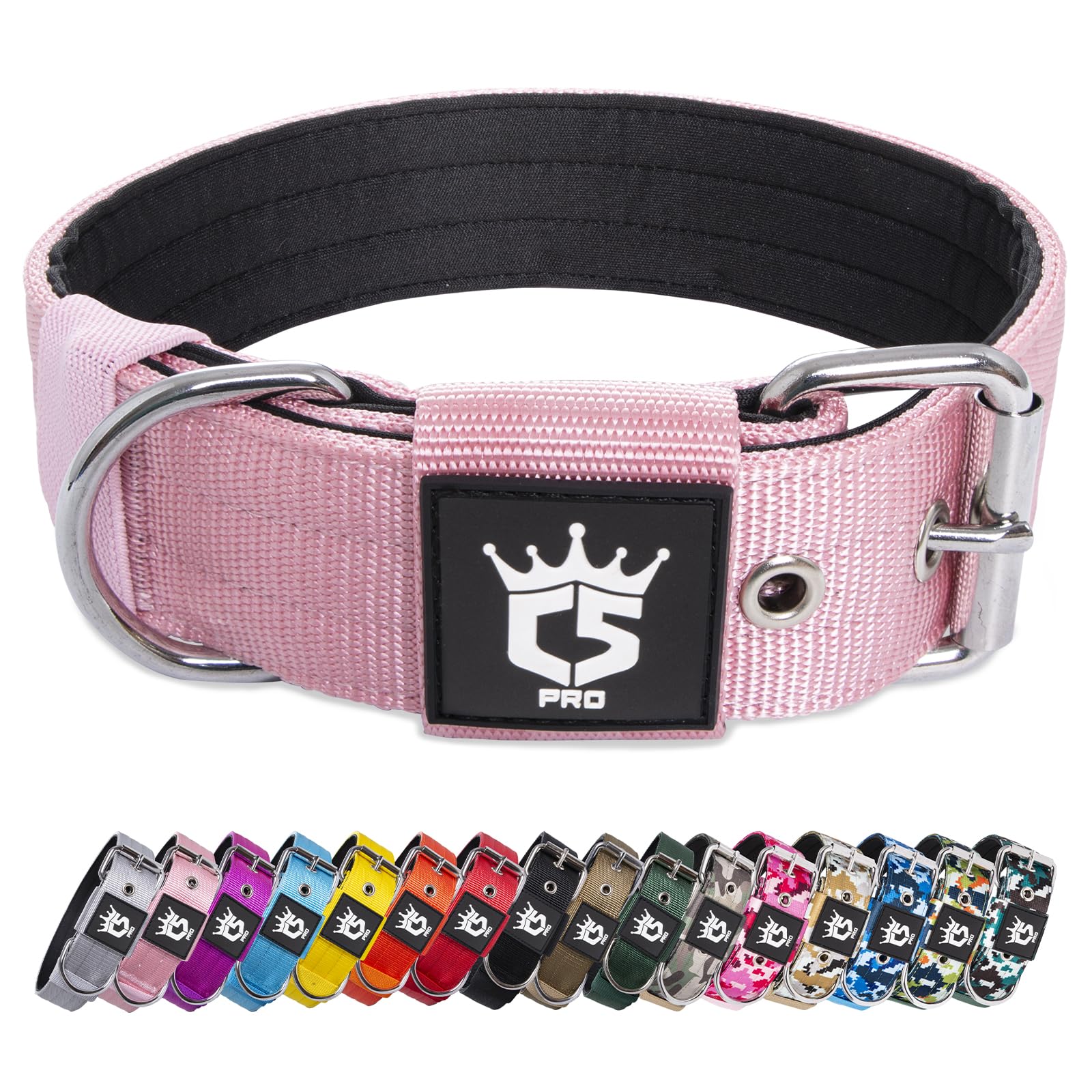 TSPRO Tactical Dog Collar 1.5" Wide Heavy Duty Nylon with Metal Buckle - Pink Size L for Medium to Large Dogs