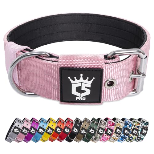 TSPRO Tactical Dog Collar 1.5" Wide Heavy Duty Nylon with Metal Buckle - Pink Size L for Medium to Large Dogs