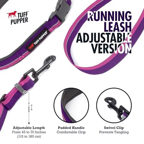 Tuff Pupper Hands-Free Adjustable Dog Leash – Punch Purple, 3-6 Feet, Ballistic Nylon with Reflective Strips