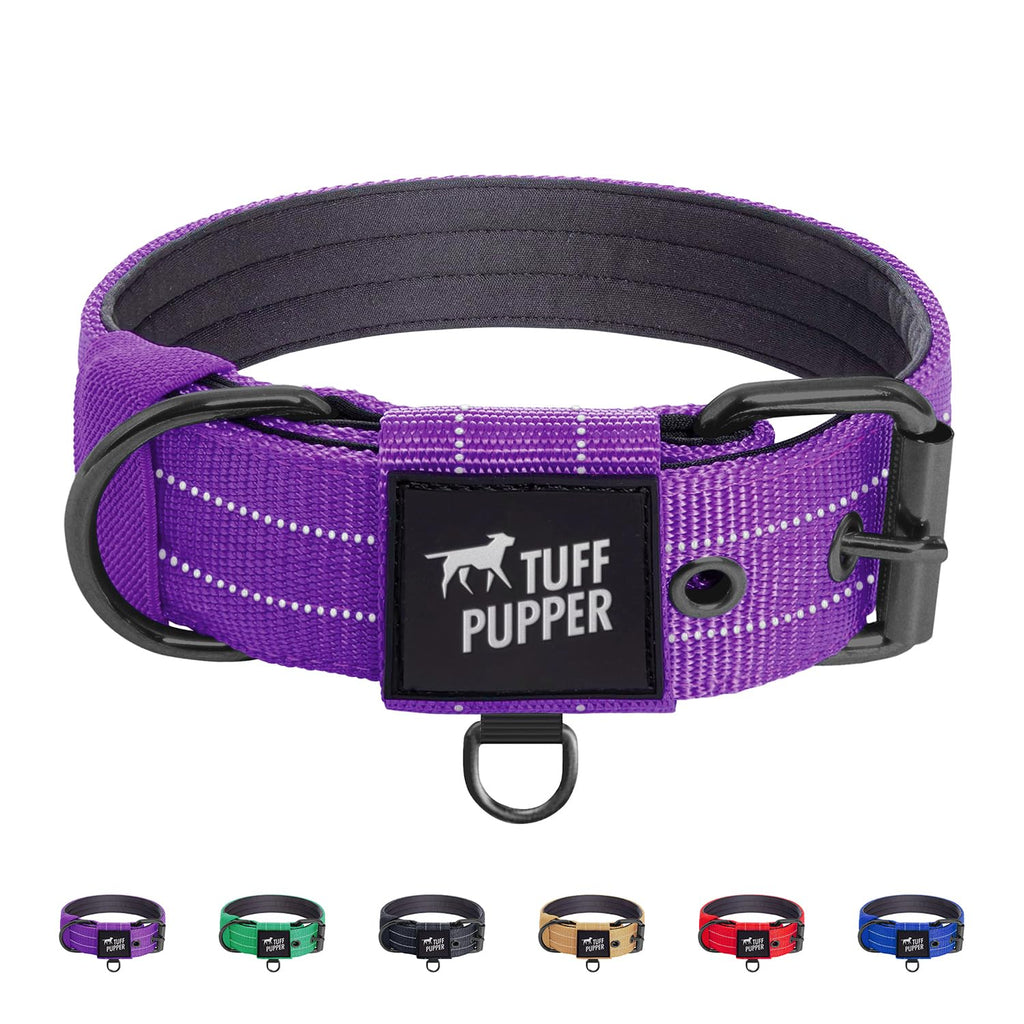Tuff Pupper Heavy Duty Tactical Dog Collar - 1.5" Ballistic Nylon with Reflective Stitching, ID Tag Holder, Stainless Steel Buckle, Padded Lining, Royal Purple Medium