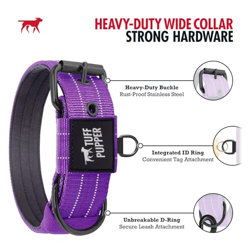 Tuff Pupper Heavy Duty Tactical Dog Collar - 1.5" Ballistic Nylon with Reflective Stitching, ID Tag Holder, Stainless Steel Buckle, Padded Lining, Royal Purple Medium