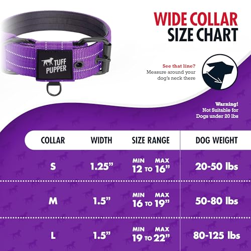 Tuff Pupper Heavy Duty Tactical Dog Collar - 1.5" Ballistic Nylon with Reflective Stitching, ID Tag Holder, Stainless Steel Buckle, Padded Lining, Royal Purple Medium